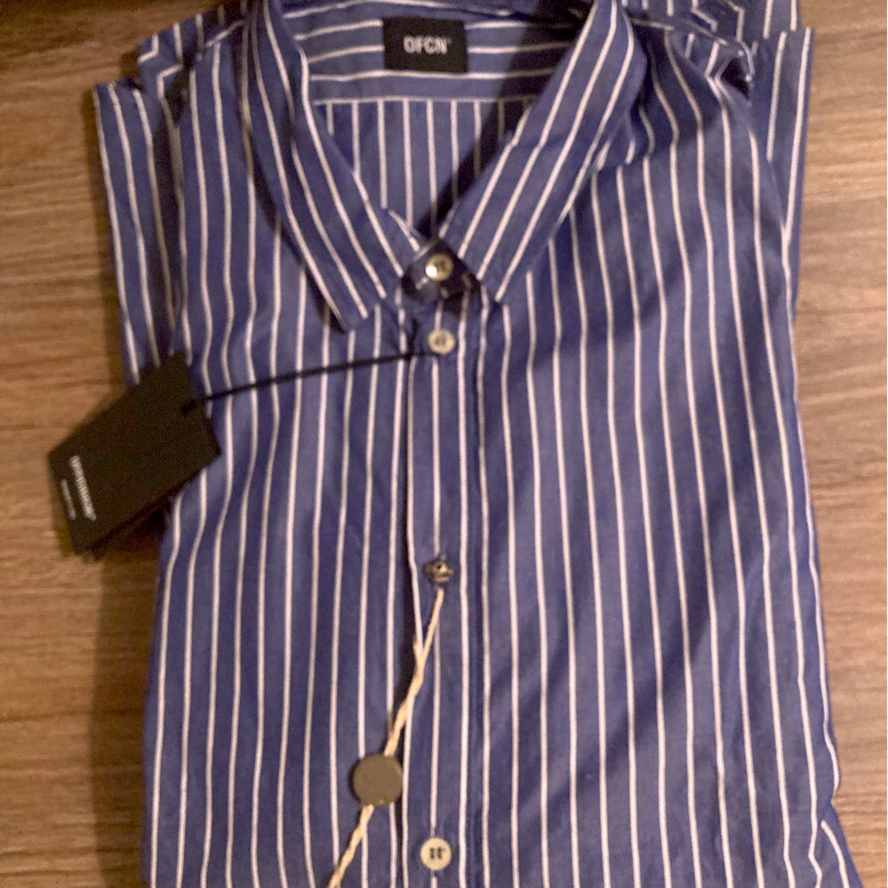 Officina 36 Italy Spread Collar Mens Blue Gray White Work Dress Cotton Shirt M